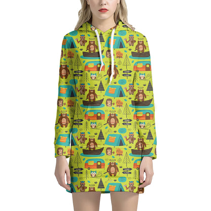Animal Camping Pattern Print Hoodie Dress