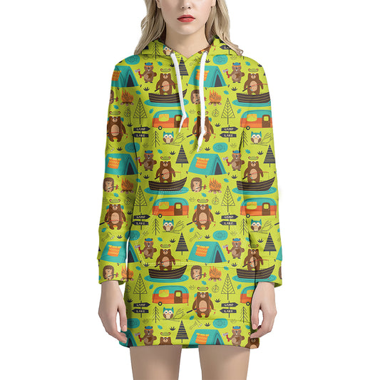 Animal Camping Pattern Print Hoodie Dress