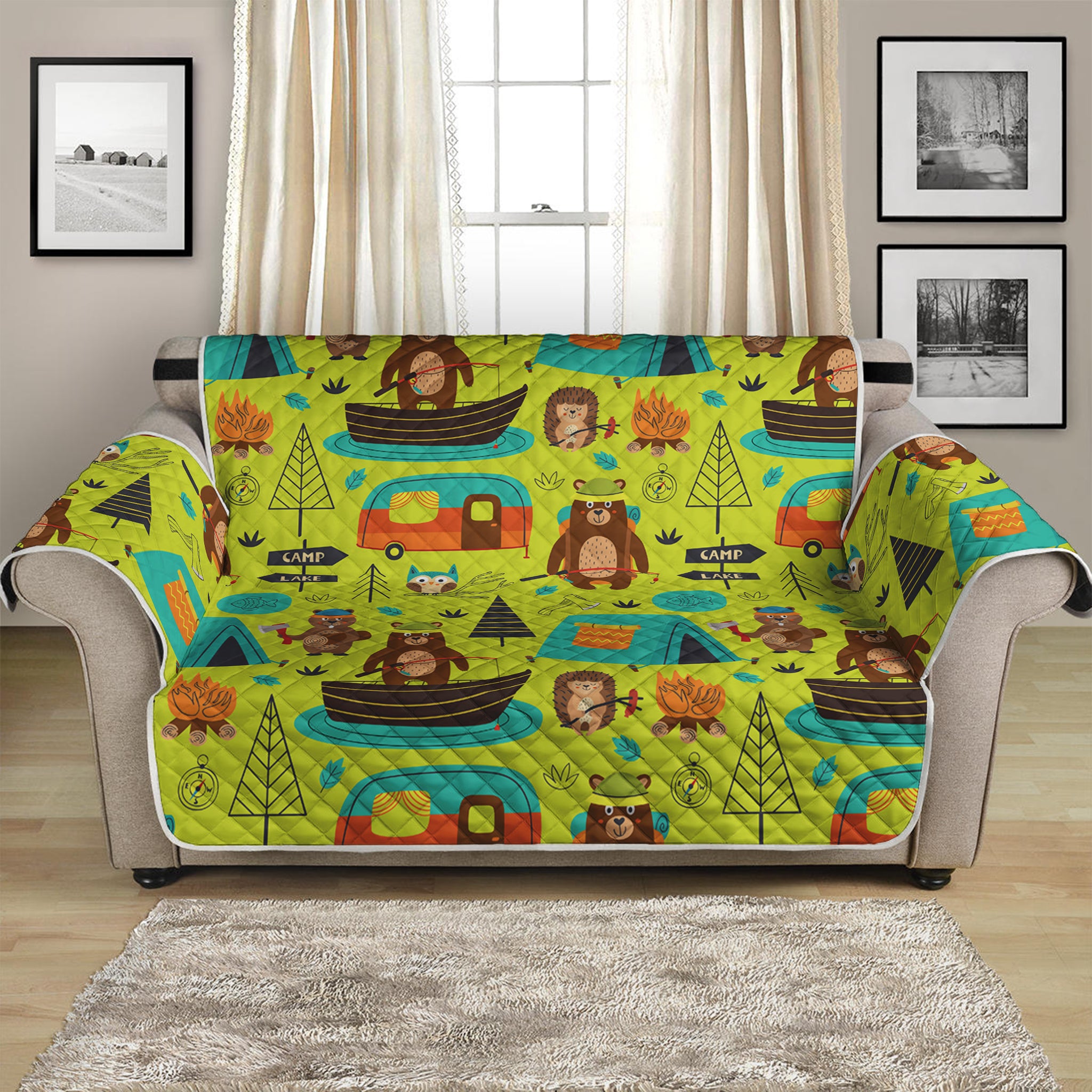 Animal Camping Pattern Print Loveseat Protector