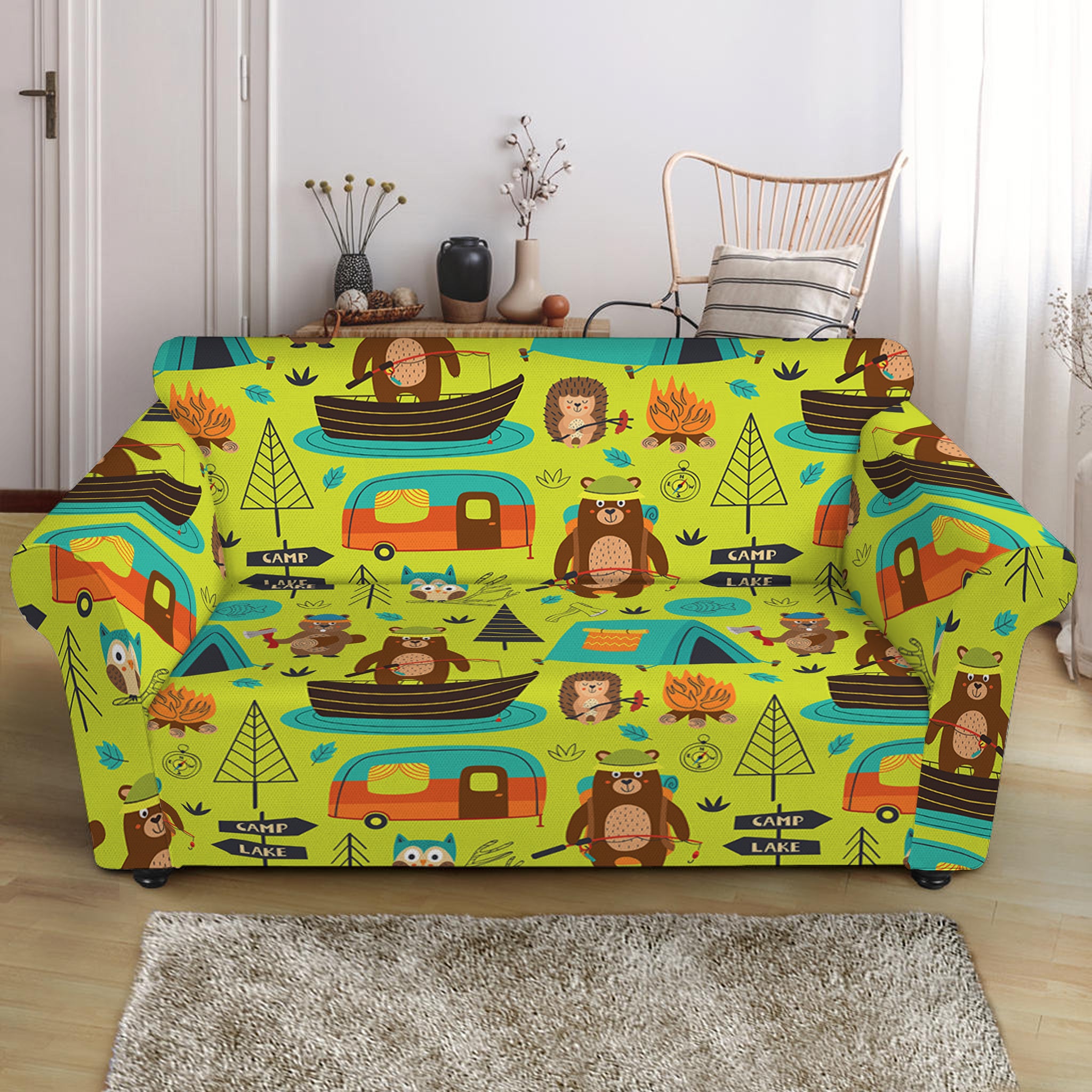 Animal Camping Pattern Print Loveseat Slipcover