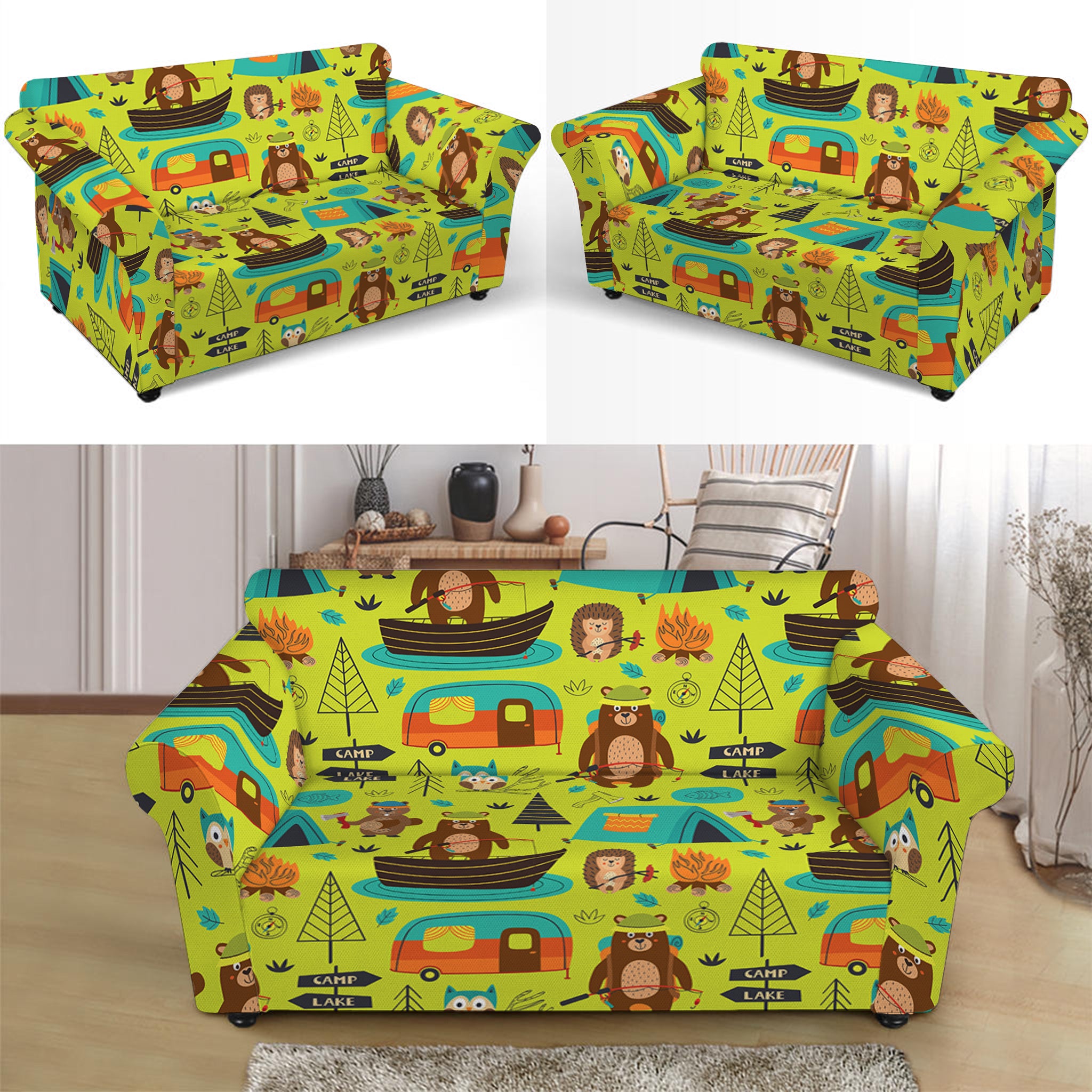 Animal Camping Pattern Print Loveseat Slipcover