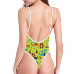 Animal Camping Pattern Print One Piece High Cut Swimsuit