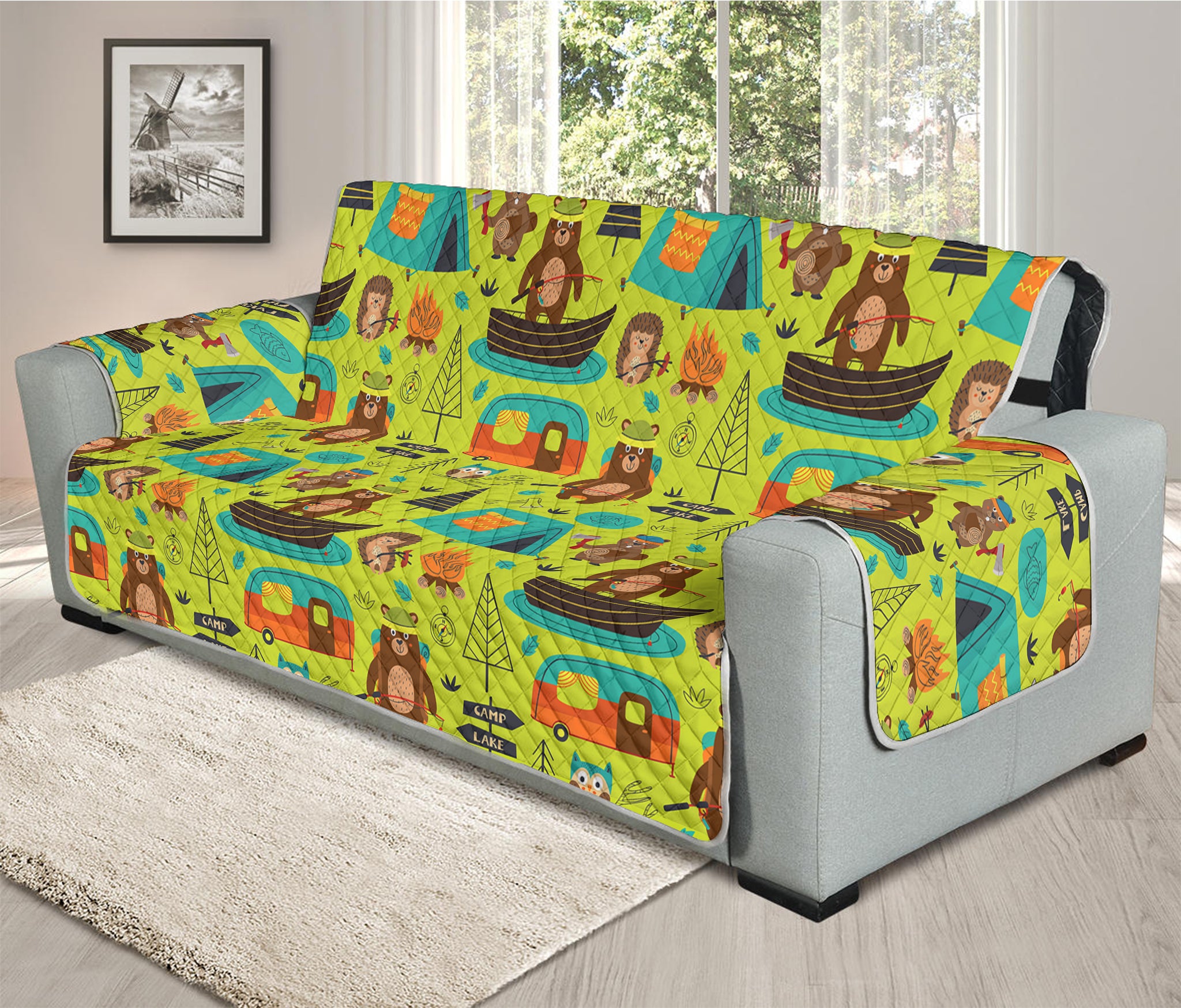 Animal Camping Pattern Print Oversized Sofa Protector