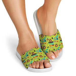 Animal Camping Pattern Print White Slide Sandals