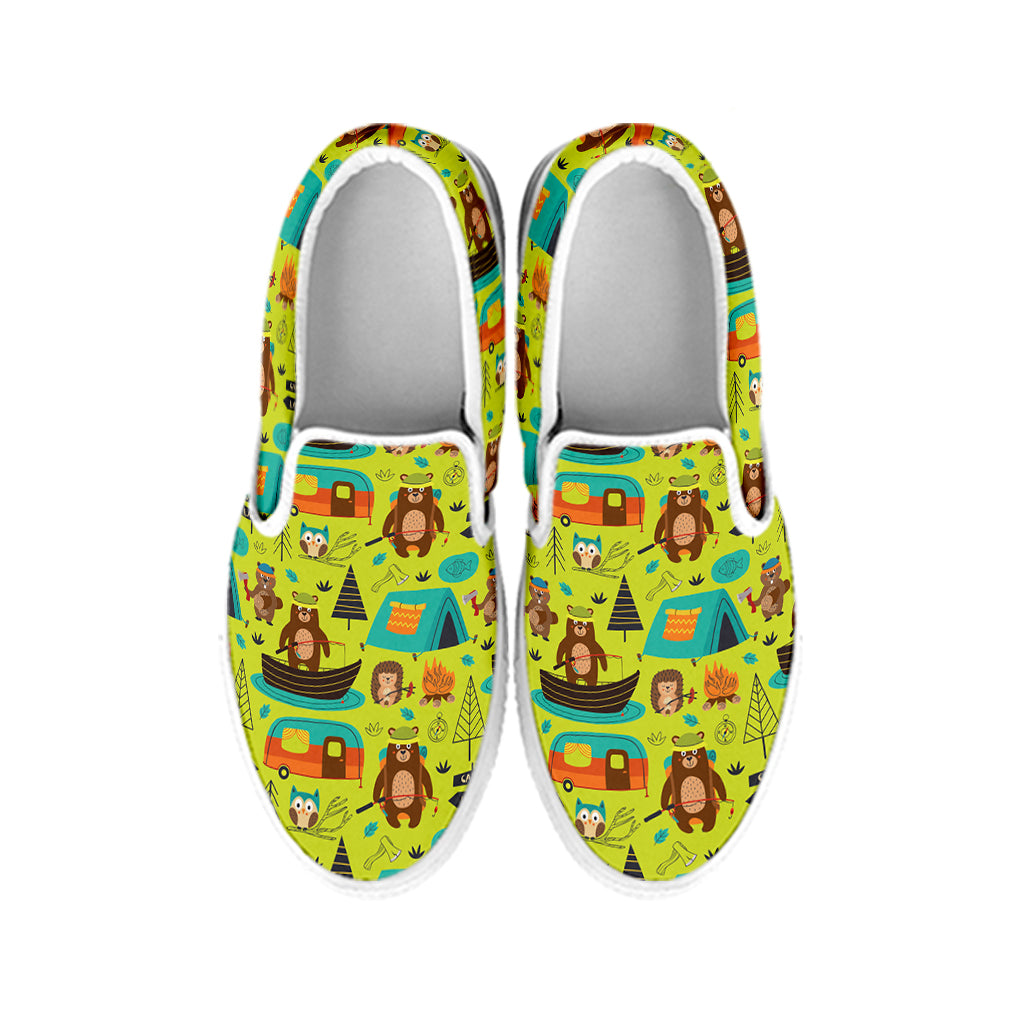 Animal Camping Pattern Print White Slip On Shoes
