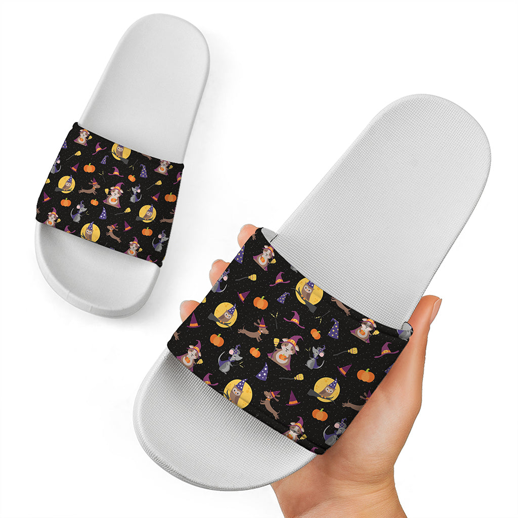 Animal Wizard Pattern Print White Slide Sandals