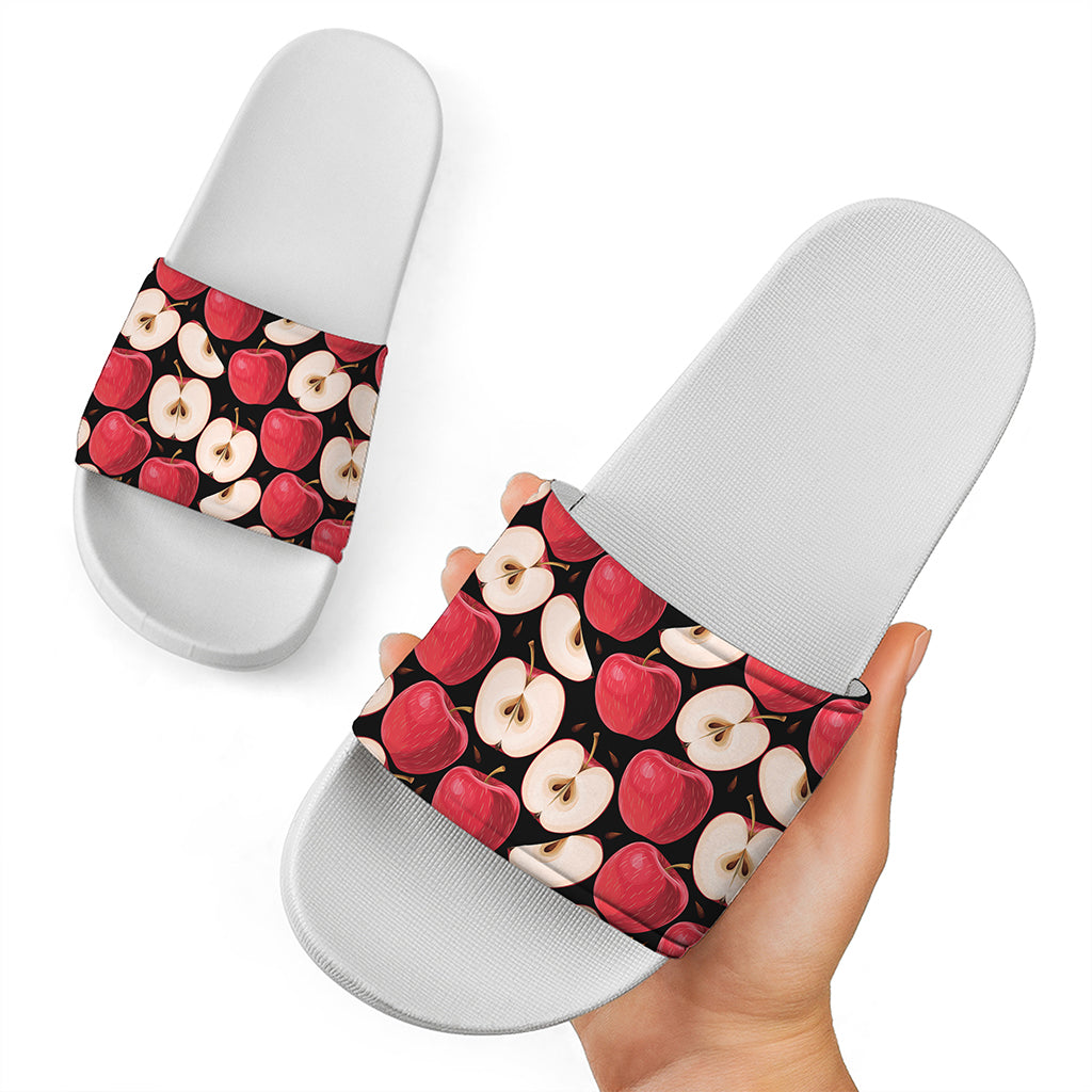 Apple Pattern Print White Slide Sandals