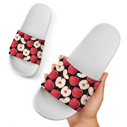 Apple Pattern Print White Slide Sandals