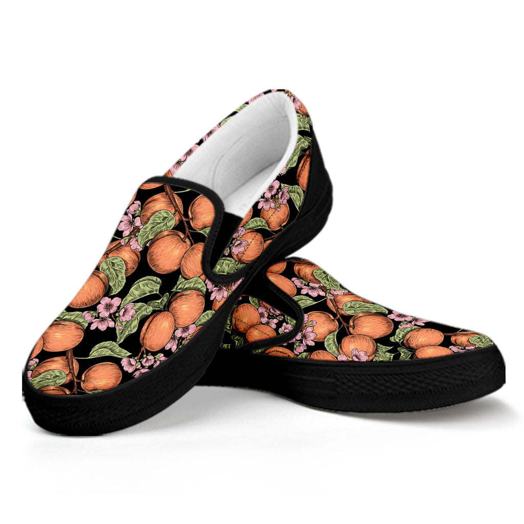 Apricot And Flower Pattern Print Black Slip On Shoes