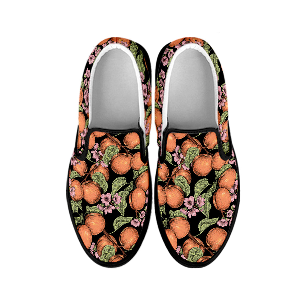 Apricot And Flower Pattern Print Black Slip On Shoes