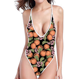 Apricot And Flower Pattern Print One Piece High Cut Swimsuit