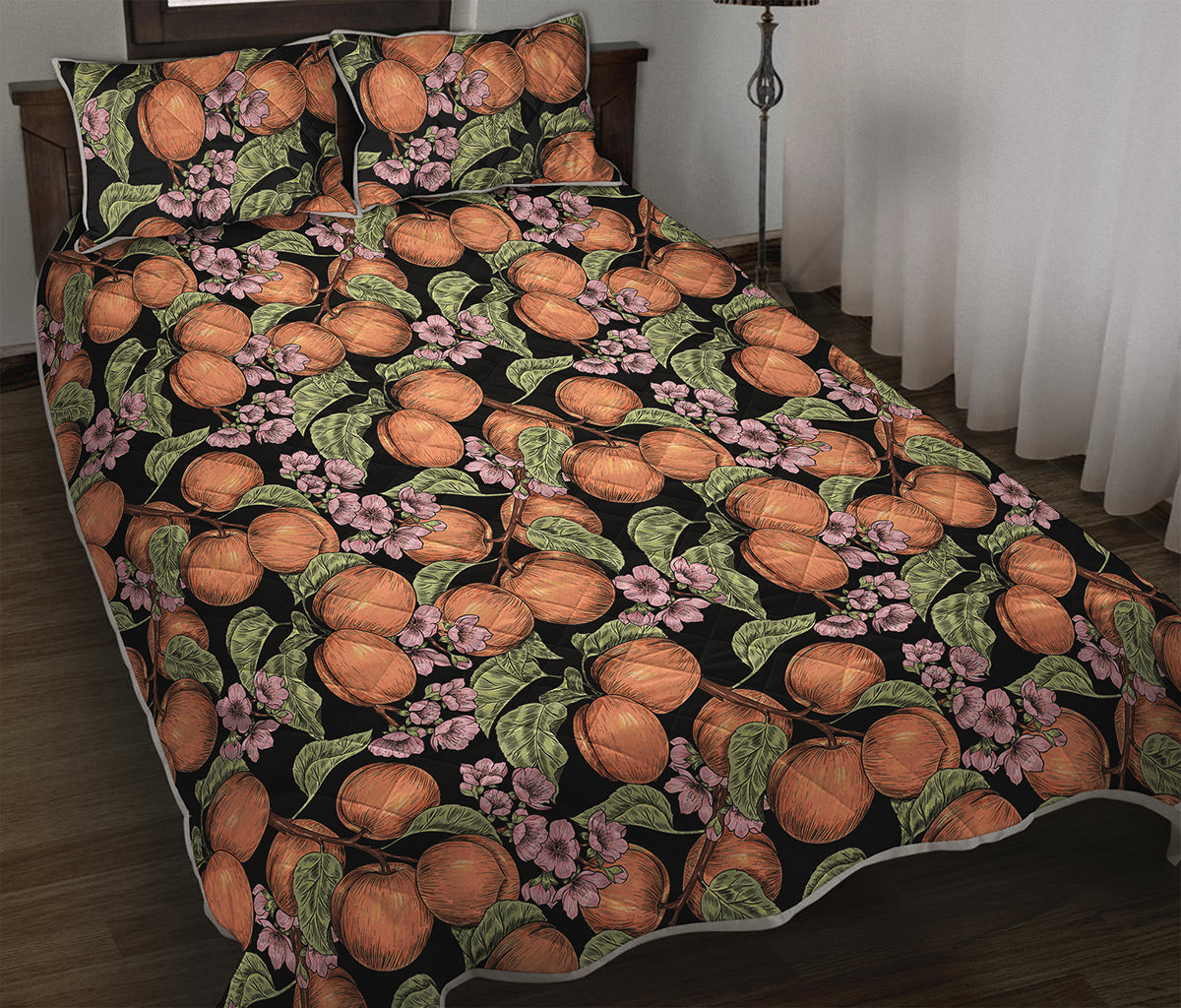 Apricot And Flower Pattern Print Quilt Bed Set