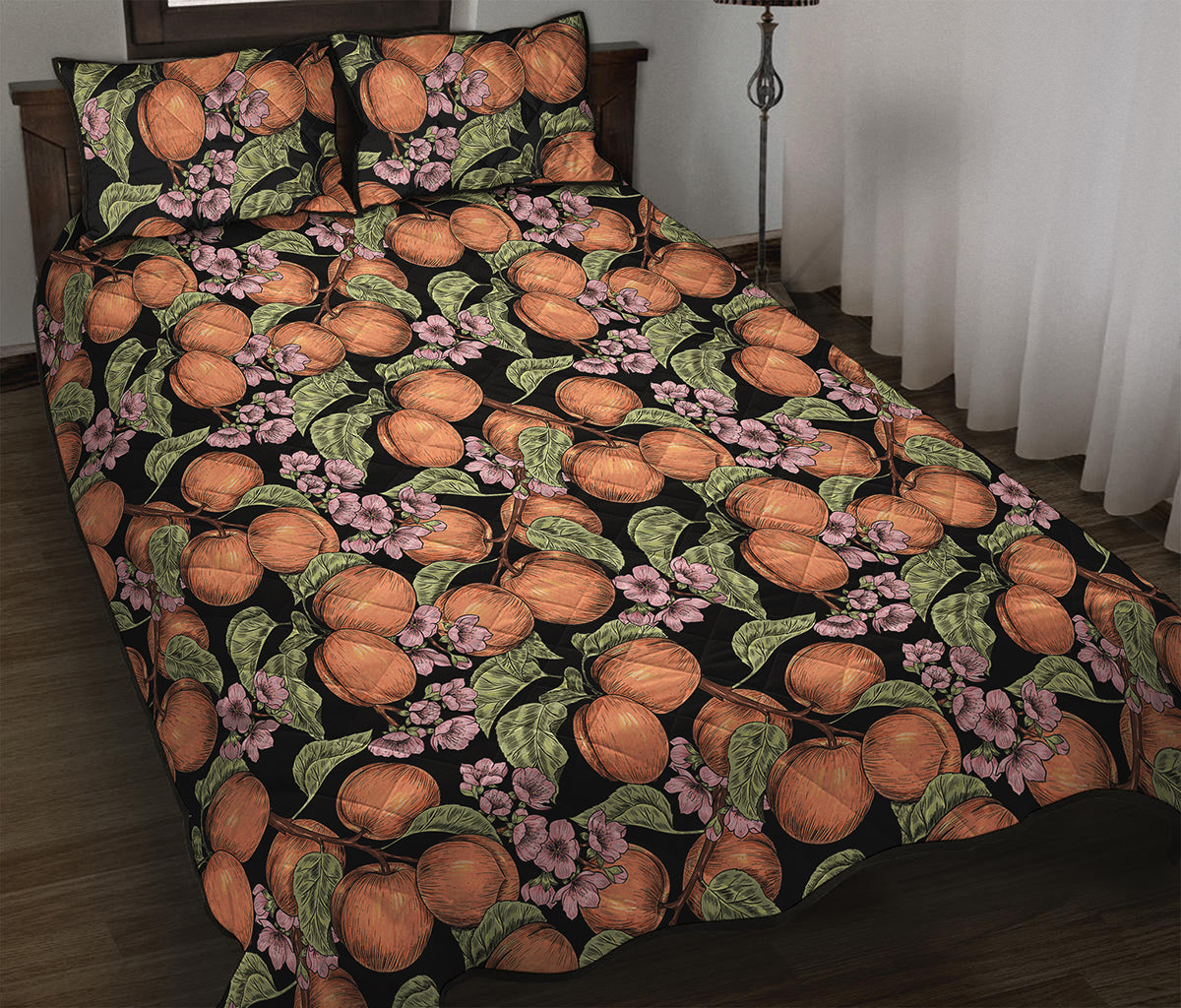 Apricot And Flower Pattern Print Quilt Bed Set