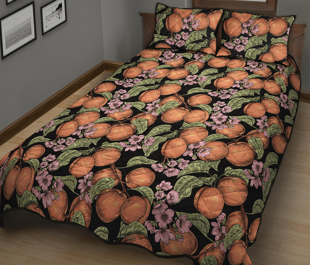 Apricot And Flower Pattern Print Quilt Bed Set