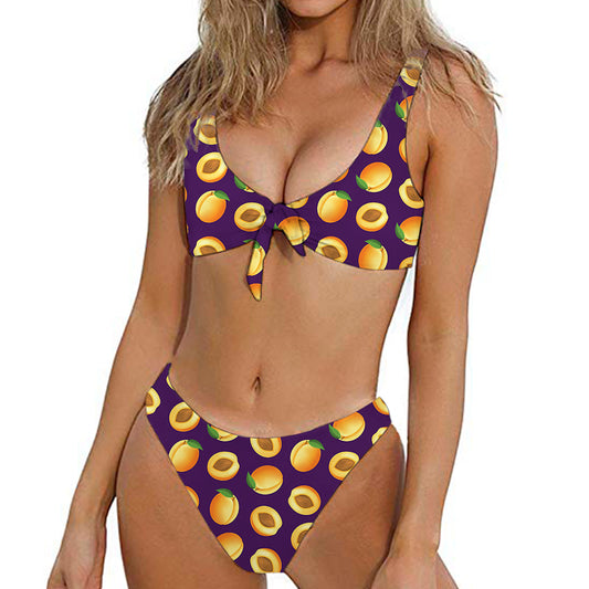 Apricot Fruit Pattern Print Front Bow Tie Bikini