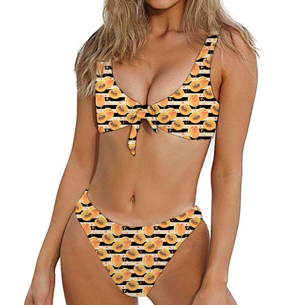 Apricot Fruit Striped Pattern Print Front Bow Tie Bikini