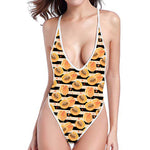 Apricot Fruit Striped Pattern Print One Piece High Cut Swimsuit