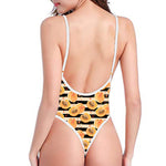 Apricot Fruit Striped Pattern Print One Piece High Cut Swimsuit