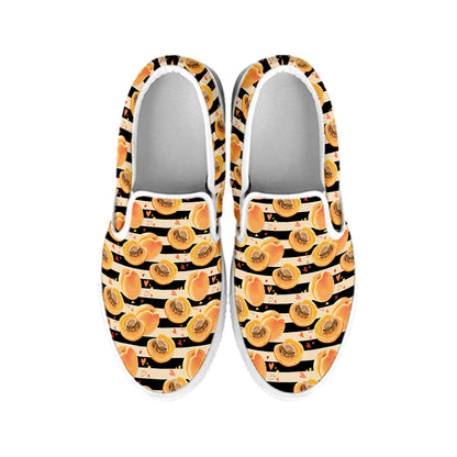 Apricot Fruit Striped Pattern Print White Slip On Shoes