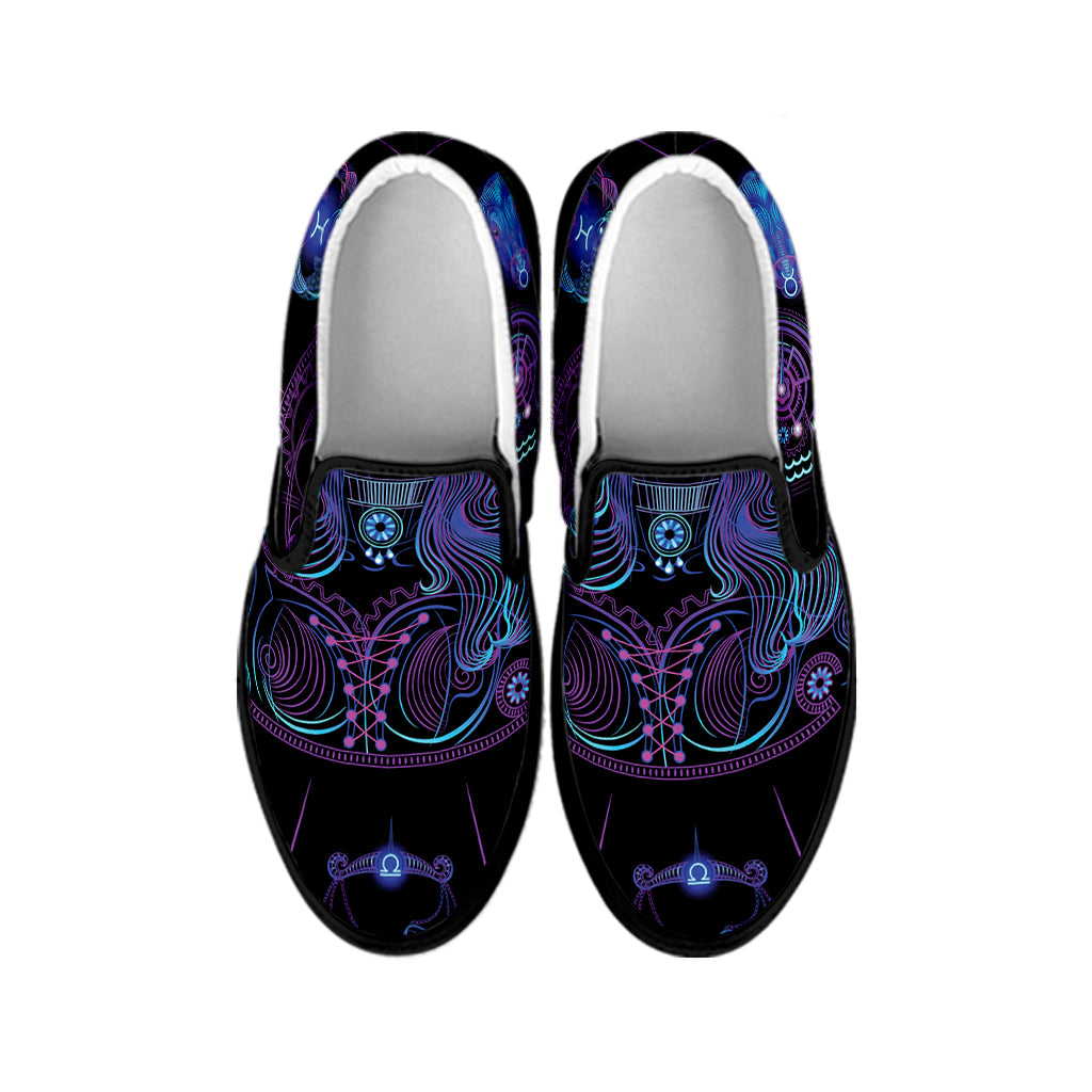 Aquarius And Astrological Signs Print Black Slip On Shoes