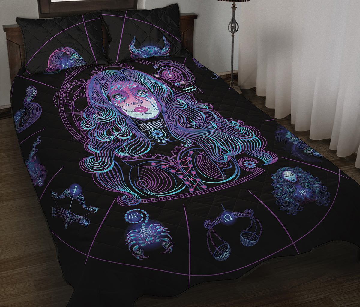 Aquarius And Astrological Signs Print Quilt Bed Set