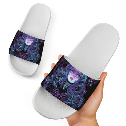 Aquarius And Astrological Signs Print White Slide Sandals