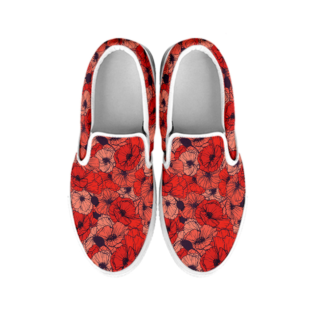 Armistice Day Poppy Pattern Print White Slip On Shoes
