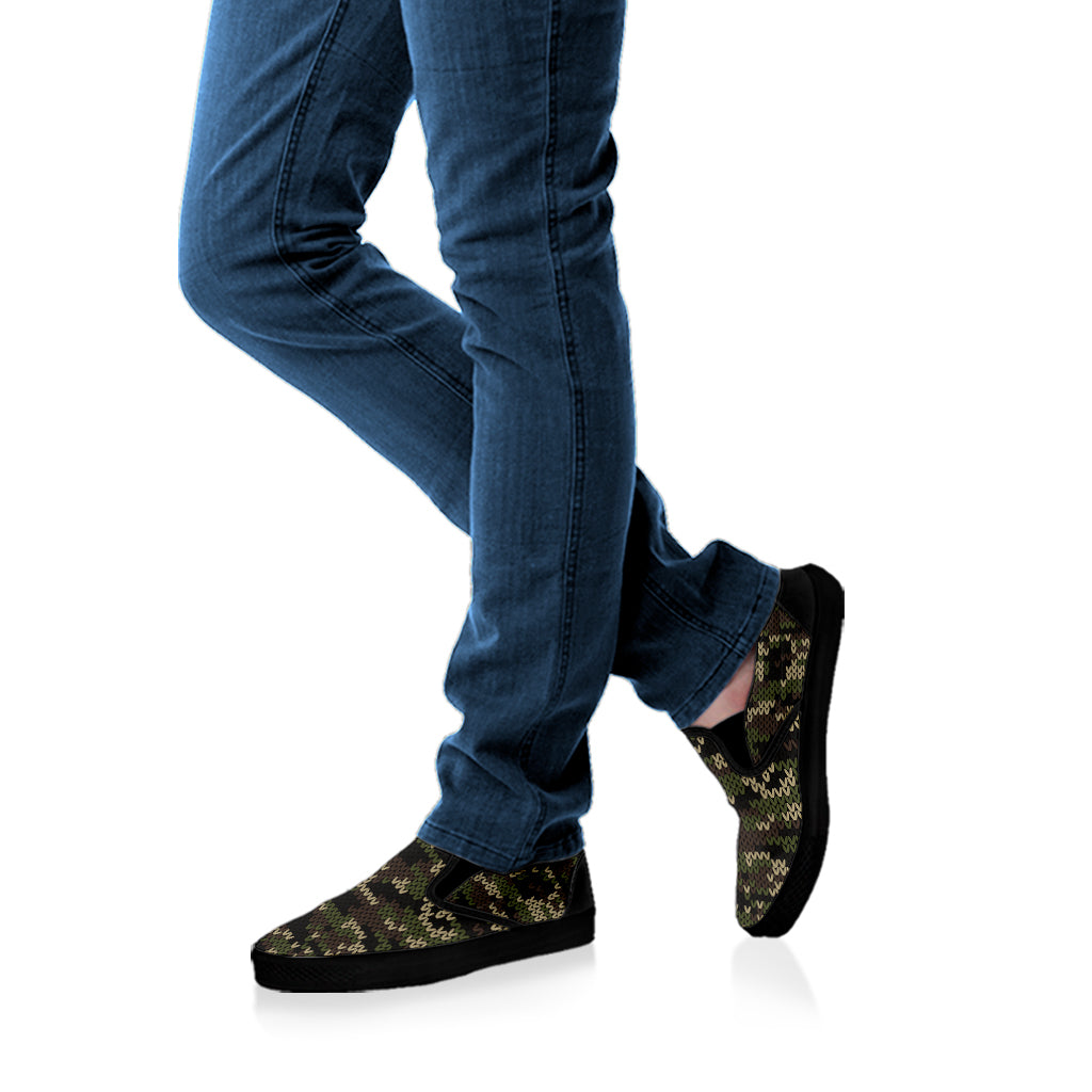 Army Camouflage Knitted Pattern Print Black Slip On Shoes