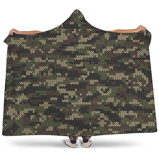 Army Camouflage Knitted Pattern Print Hooded Blanket