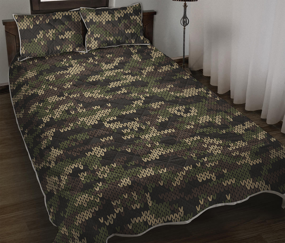 Army Camouflage Knitted Pattern Print Quilt Bed Set
