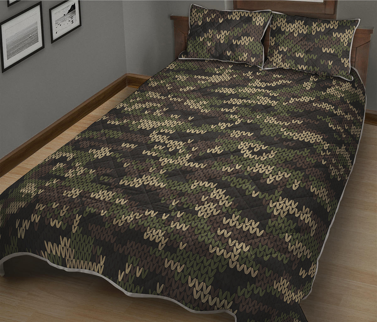 Army Camouflage Knitted Pattern Print Quilt Bed Set