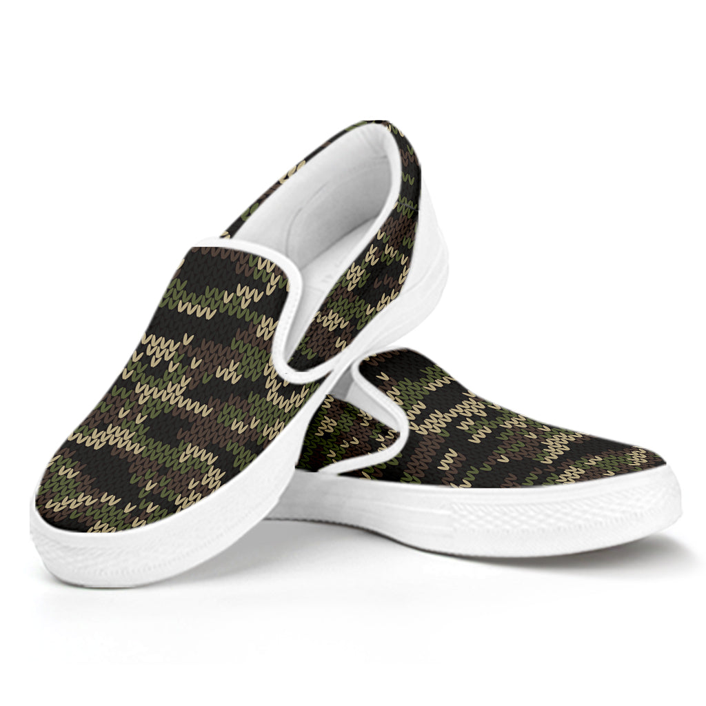 Army Camouflage Knitted Pattern Print White Slip On Shoes