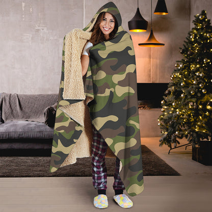 Army Green Camouflage Print Hooded Blanket