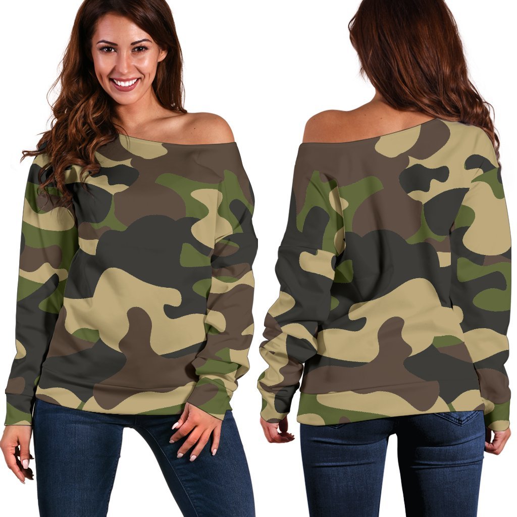 Army Green Camouflage Print Off Shoulder Sweatshirt GearFrost