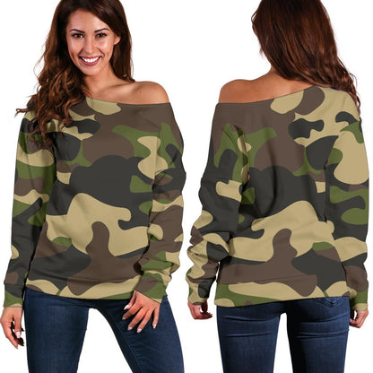 Army Green Camouflage Print Off Shoulder Sweatshirt GearFrost
