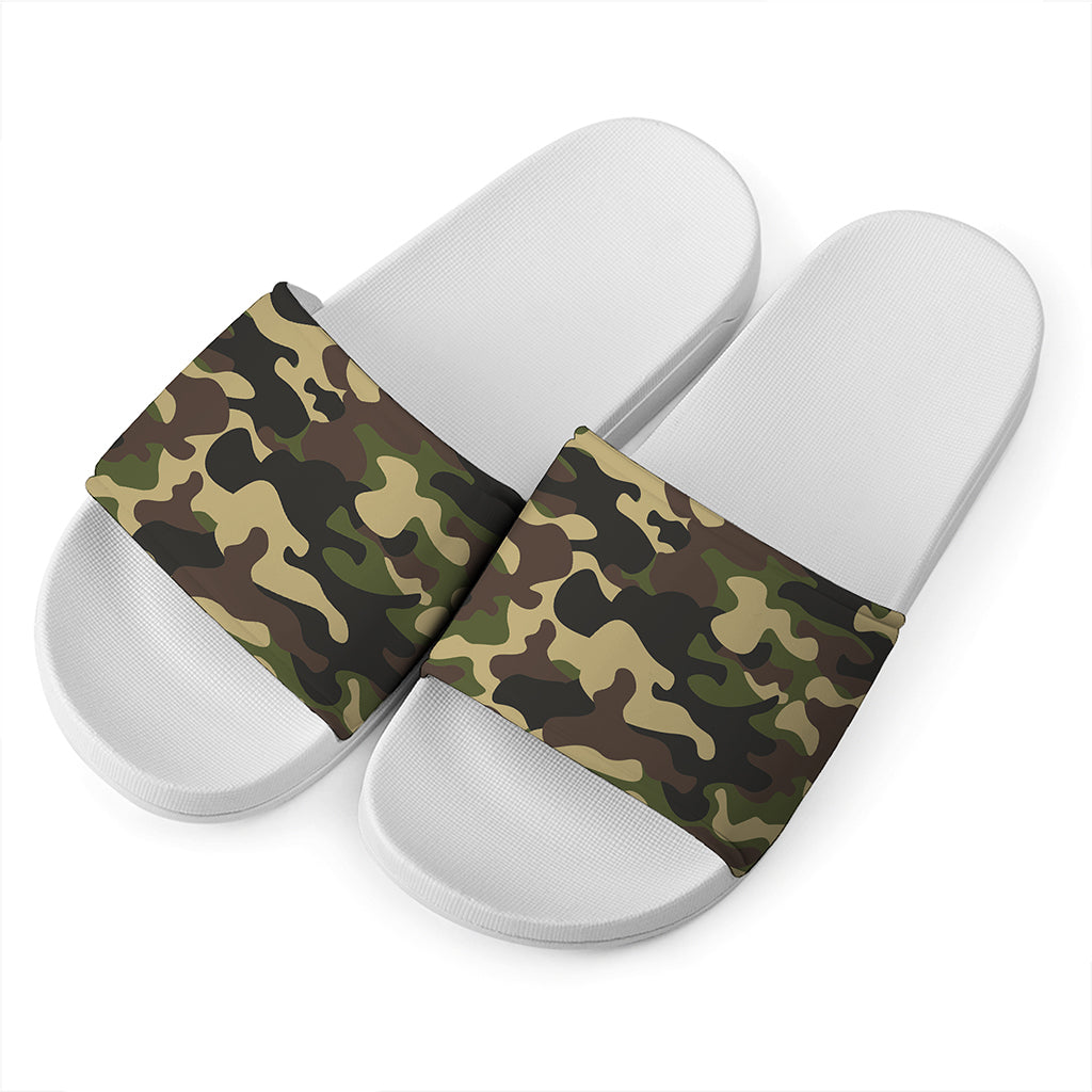 Army Green Camouflage Print White Slide Sandals