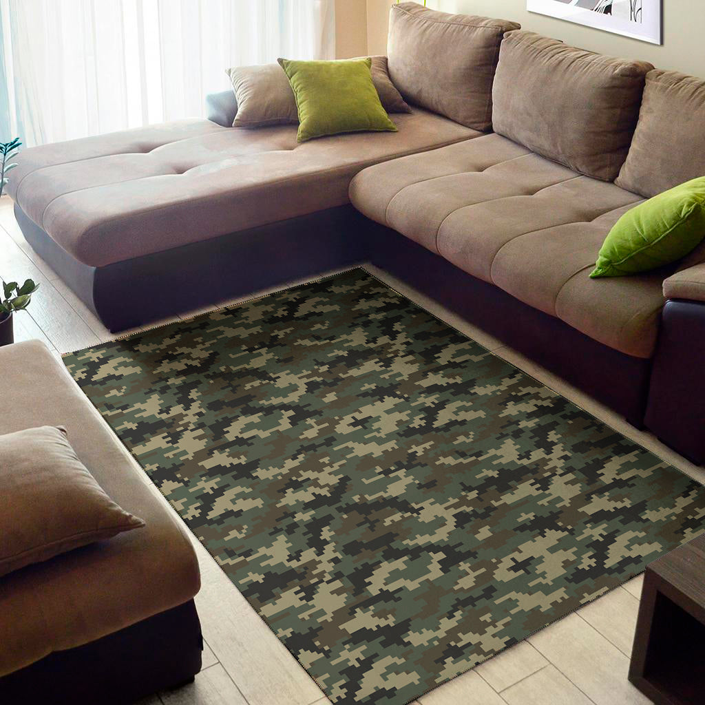 Army Green Digital Camo Pattern Print Area Rug