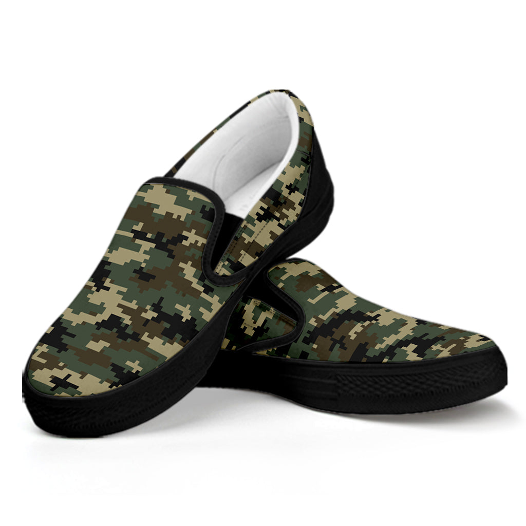 Army Green Digital Camo Pattern Print Black Slip On Shoes