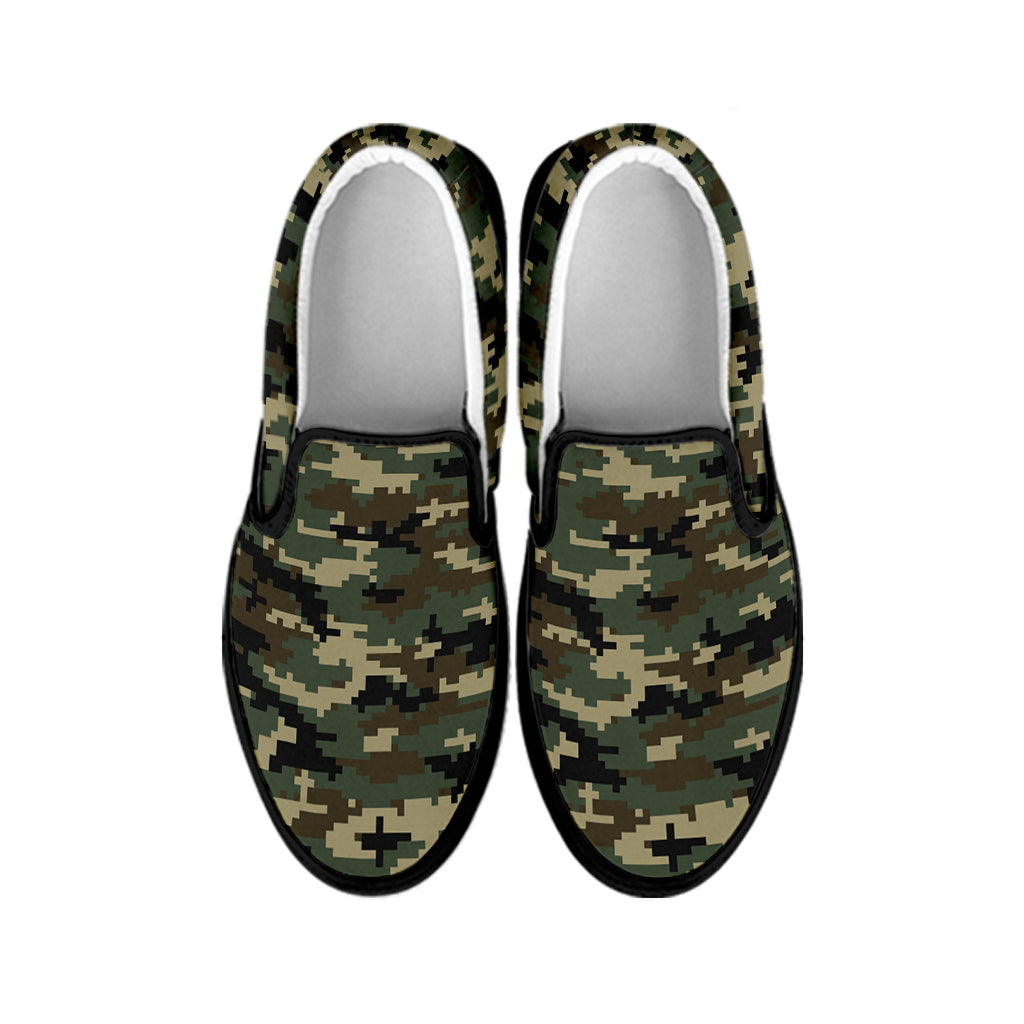 Army Green Digital Camo Pattern Print Black Slip On Shoes