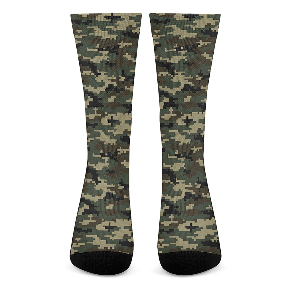 Army Green Digital Camo Pattern Print Crew Socks