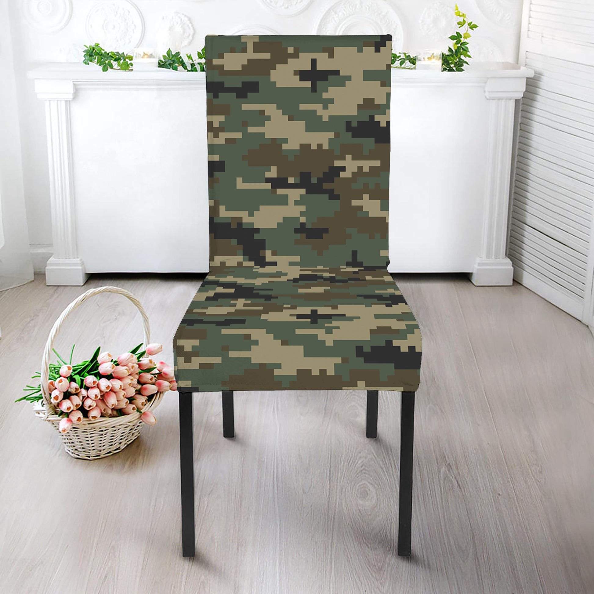 Army Green Digital Camo Pattern Print Dining Chair Slipcover