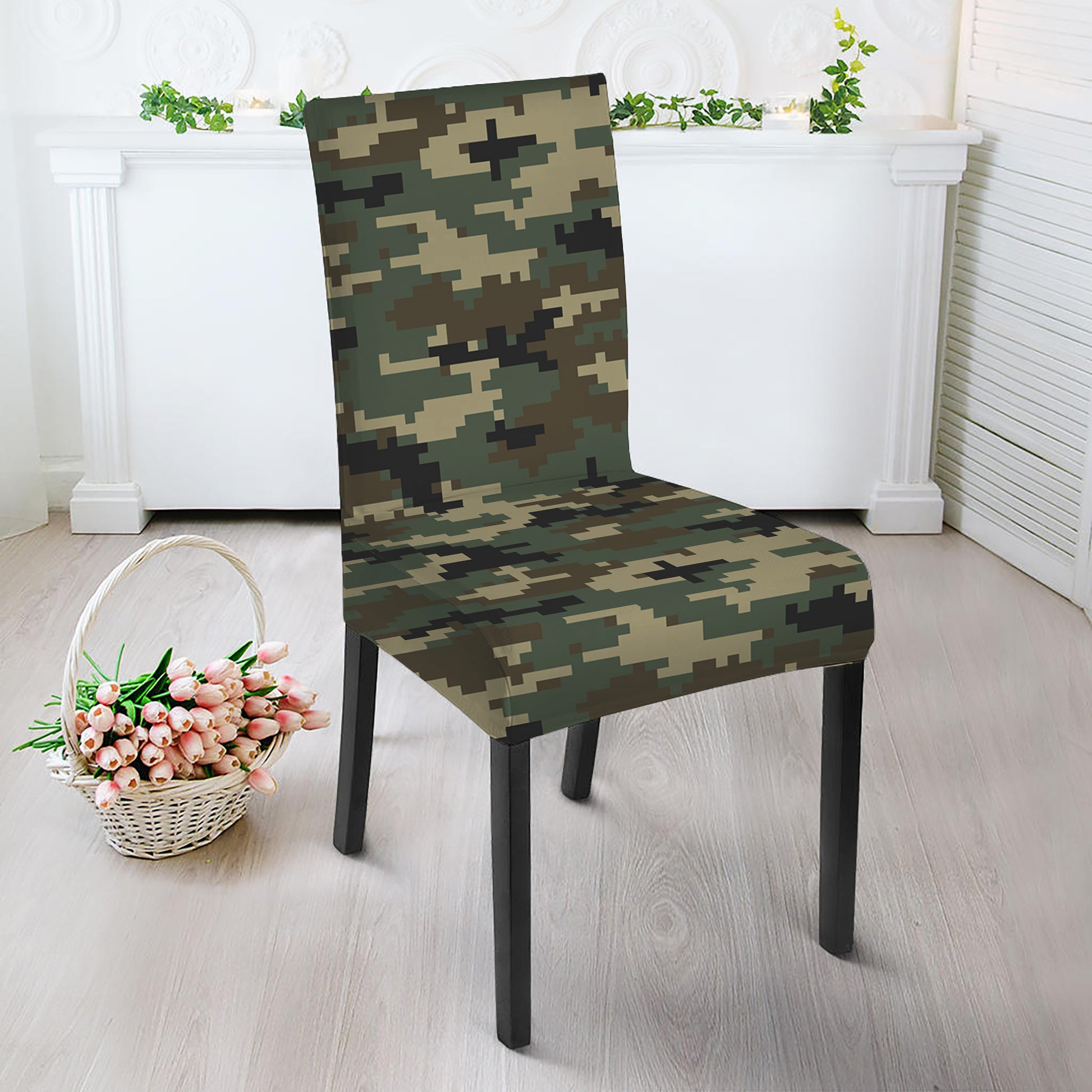 Army Green Digital Camo Pattern Print Dining Chair Slipcover