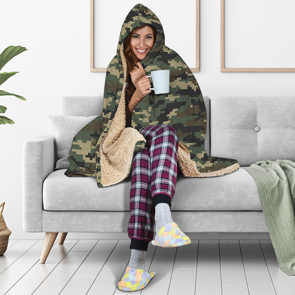 Army Green Digital Camo Pattern Print Hooded Blanket