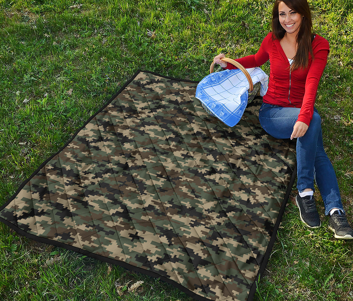 Army Green Digital Camo Pattern Print Quilt