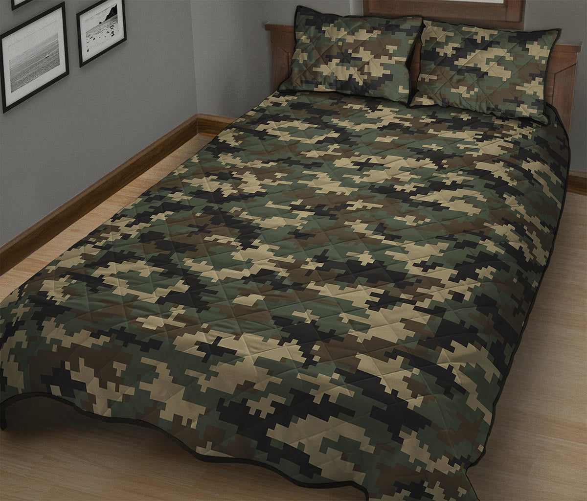 Army Green Digital Camo Pattern Print Quilt Bed Set