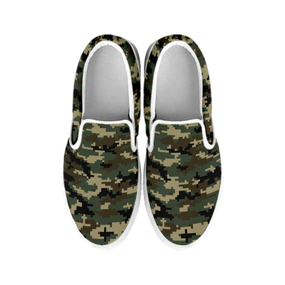 Army Green Digital Camo Pattern Print White Slip On Shoes