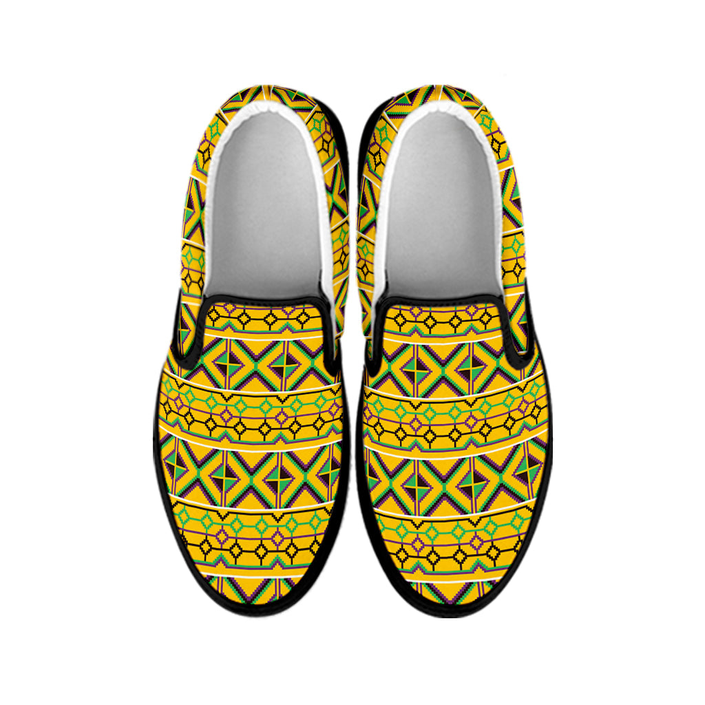 Asante Kente Pattern Print Black Slip On Shoes