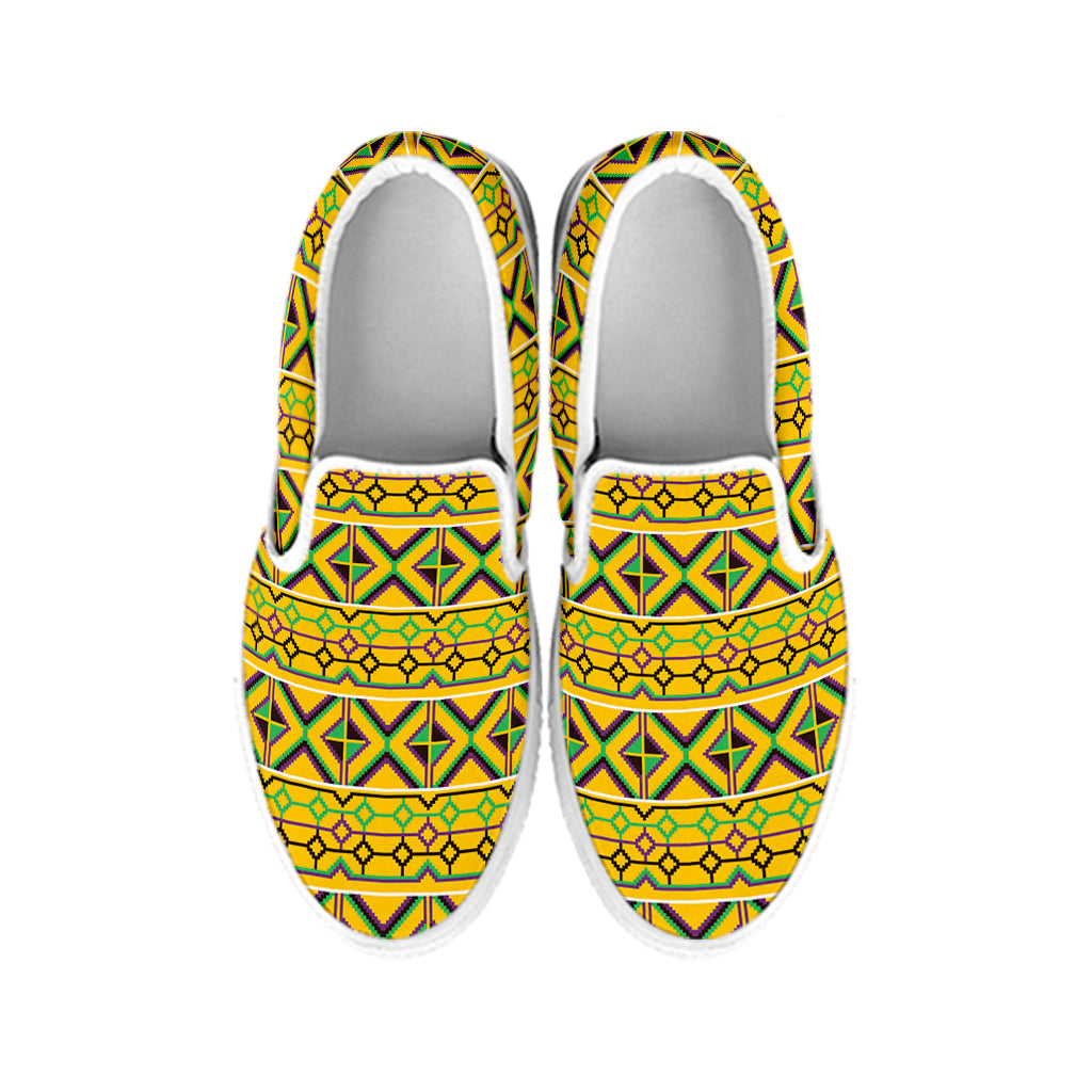 Asante Kente Pattern Print White Slip On Shoes