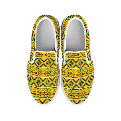 Asante Kente Pattern Print White Slip On Shoes