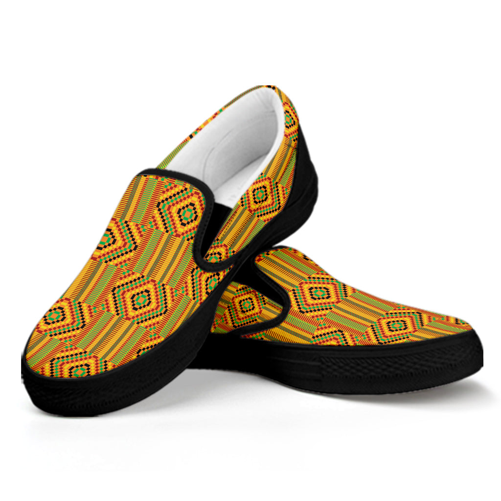 Ashanti Kente Pattern Print Black Slip On Shoes